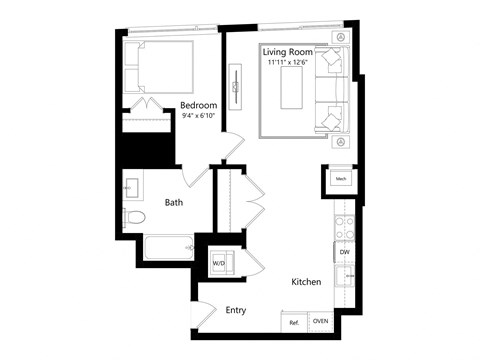 a floor plan of a unit with a bedroom and a living room